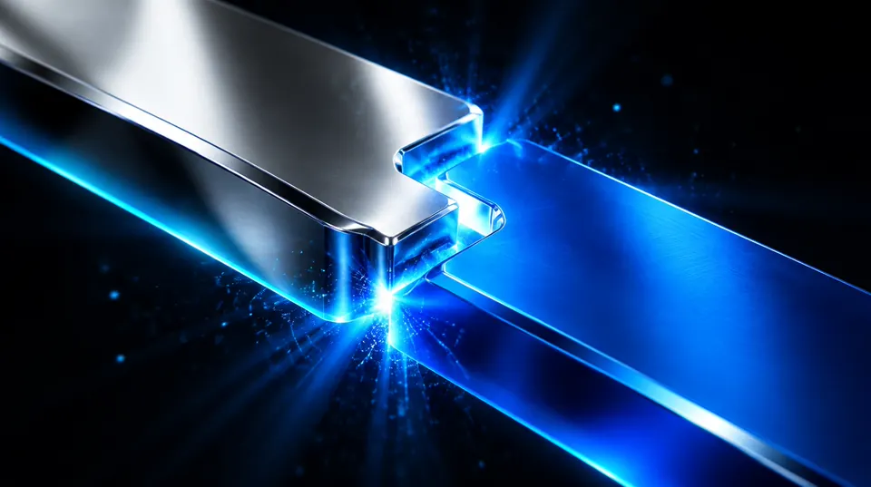 Duas placas de metal cromado se encaixando, com a junção acesa em azul.